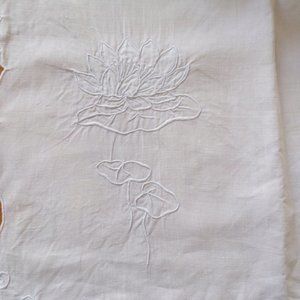 White Cotton Table Runner with Embroidered Blue Water Lilies 43" x 17"   3174